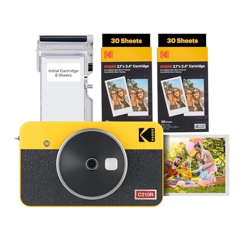 KODAK Mini Shot 2 Retro 4PASS 2-in-1 Fotocamera istantanea e stampante fotografica (5,3 x 8,6 cm) + 8 Fogli inclusi + confezione da 60 fogli, giallo