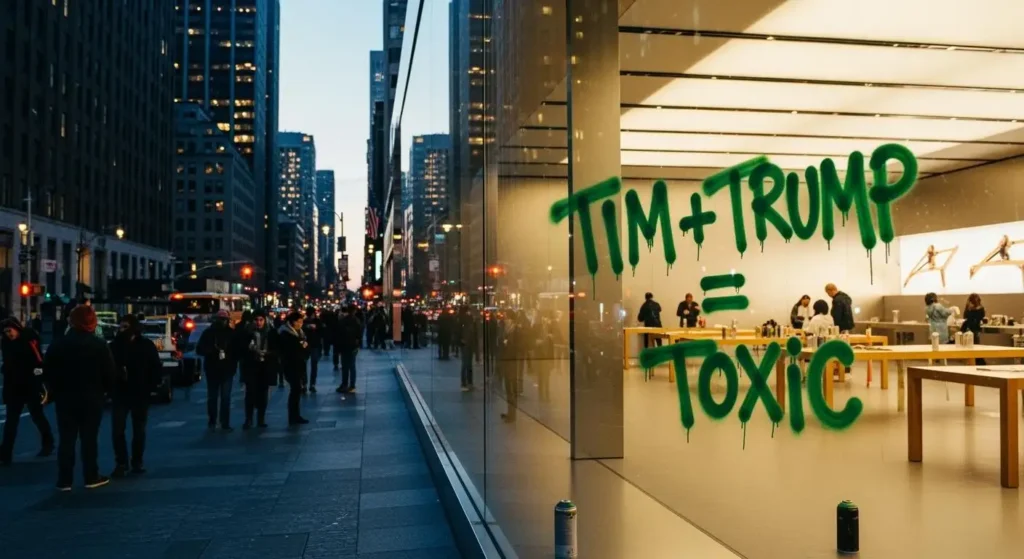 Tim + Trump = Toxic: attivista imbratta l'Apple Store di New York
