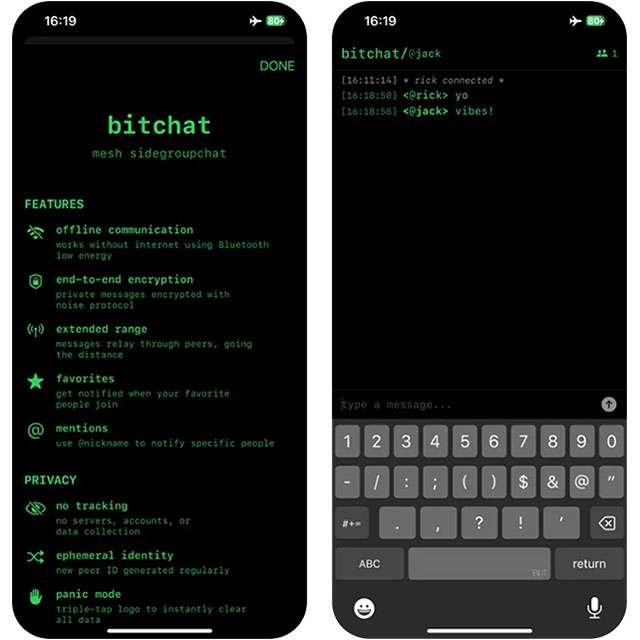 Screenshot per l'applicazione bitchat mesh di Jack Dorsey