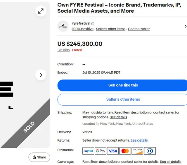 L'asta su eBay che ha venduto i diritti sul FYRE Festival