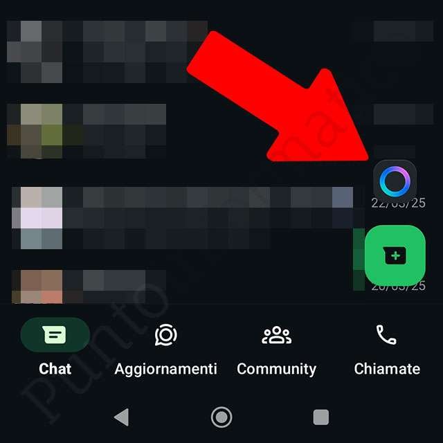 Il pulsante dedicato a Meta AI nell'interfaccia di WhatsApp