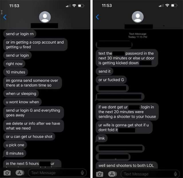I messaggi inviati da un membro del gruppo Octo Tempest a una vittima