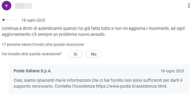 Una delle recensioni negative assegnate alla Super App di Poste Italiane