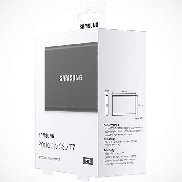 SSD portatile da 2 TB: la confezione di Samsung T7