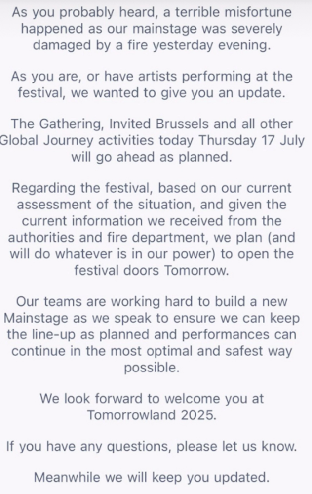'Whatever is in our power': Tomorrowland to go ahead in spite of fire, say organisers · News ⟋ RA