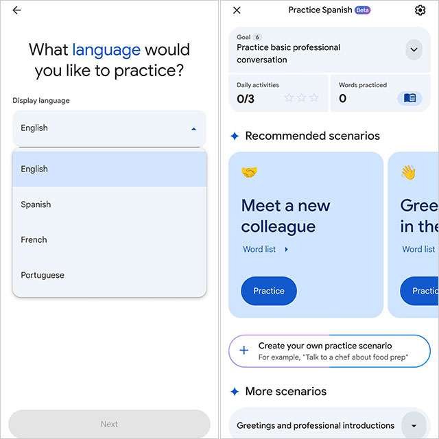 Screenshot per la funzionalità Practice di Google Translate
