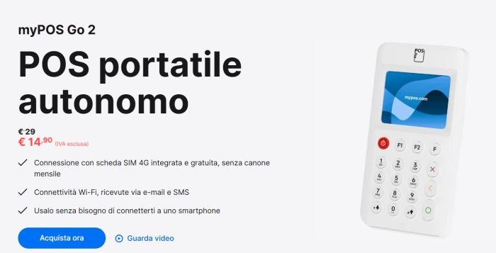 Offerta myPOS Go 2: POS autonomo e senza smartphone per la tua attività a soli 14€