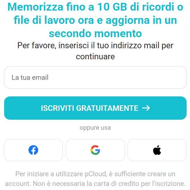 Iscriviti gratuitamente a pCloud