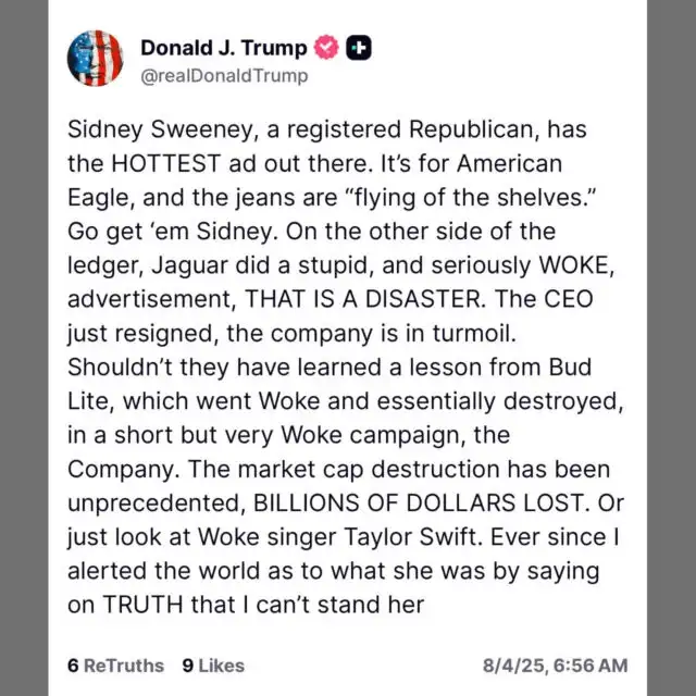 Il post di Donald Trump su Sydney Sweeney
