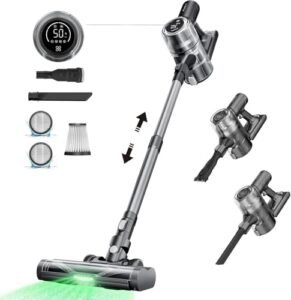 Proscenic Aspirapolvere senza Fili Potente 550W/45KPA, Scopa Elettrica Senza Fili con OLED Touchscreen e Anti-Groviglio Spazzola, Batteria Rimovibile, per Pavimenti/Tappeti/Peli