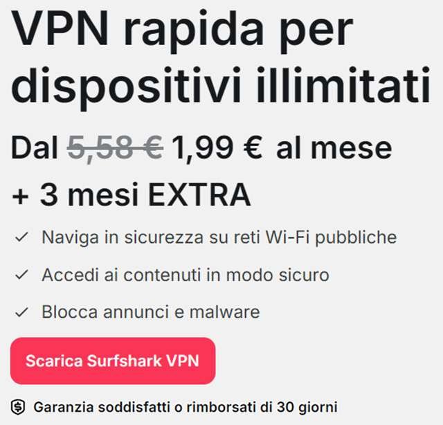 La promozione di Surfhsark: solo 1,99 euro al mese per la VPN
