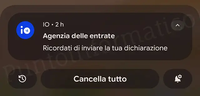 La notifica dell'app IO per il messaggio dall'Agenzia delle Entrate
