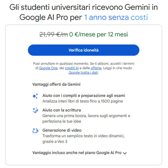 Google AI Pro gratis un anno per gli studenti universitari maggiorenni