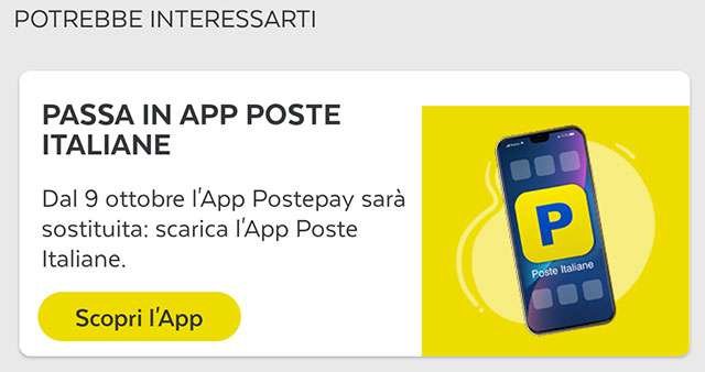 L'avviso mostrato dall'app Postepay