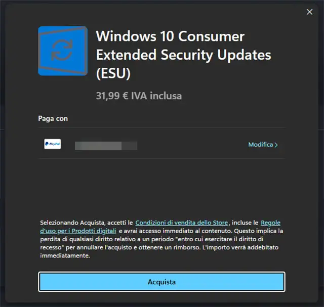 Un anno del programma ESU per Windows 10 costa 31,99 euro