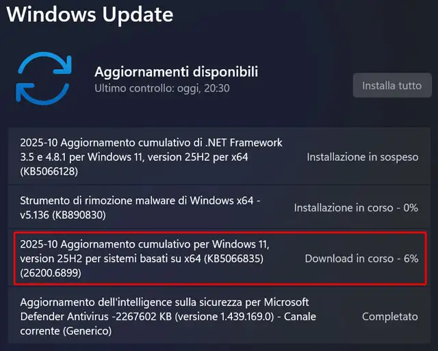L'aggiornamento KB5066835 distribuito da Microsoft su Windows 11 25H2 per il Patch Tuesday di ottobre 2025