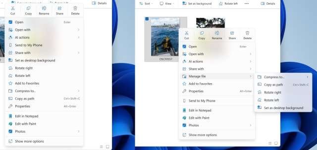 Menu contestuale Esplora file (prima e dopo)