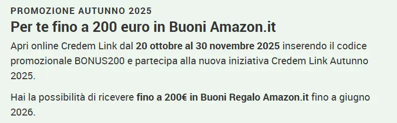 Conto online Credem Link: puoi avere fino a 200€ di buoni Amazon aprendolo adesso
