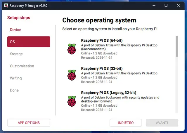 Raspberry Pi OS 2025-11-24 in download tramite Raspberry Pi Imager 2.0