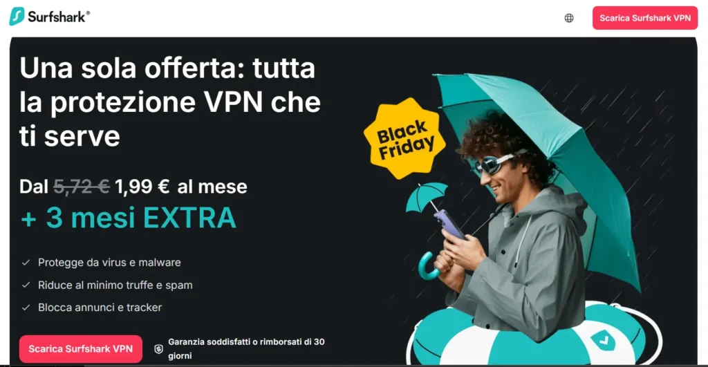 Il Black Friday di Surfshark: -87% e 3 mesi in regalo