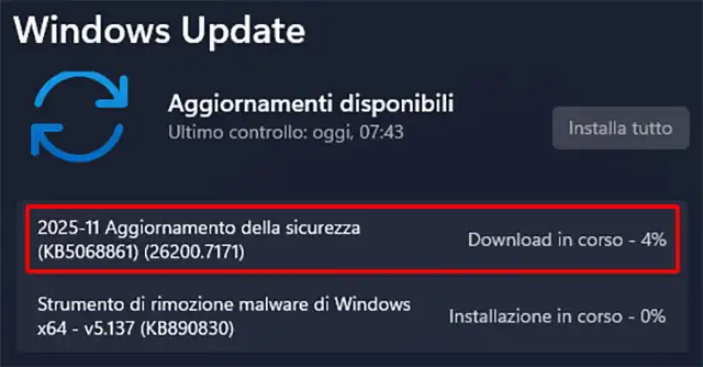L'aggiornamento KB5068861 per Windows 11 distribuito nel Patch Tuesday di novembre 2025