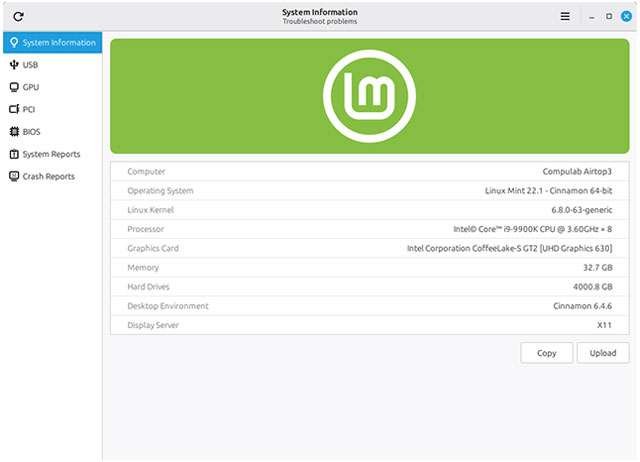 Lo strumento System Reports in Linux Mint 22.3