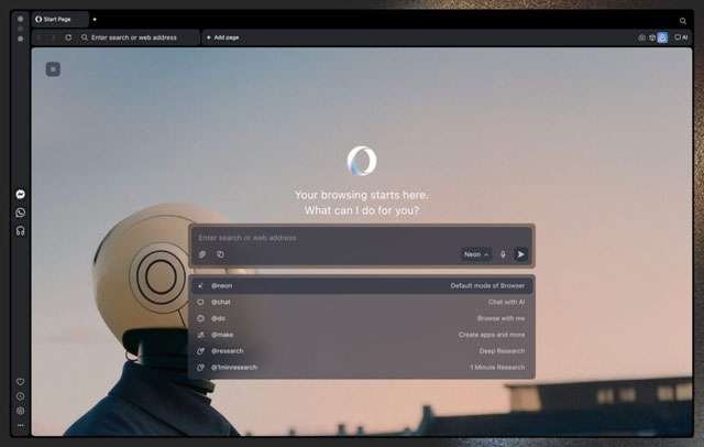 L'interfaccia del browser Opera Neon