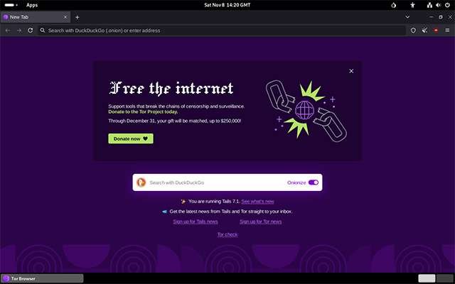 Tor Browser in esecuzione su Tails