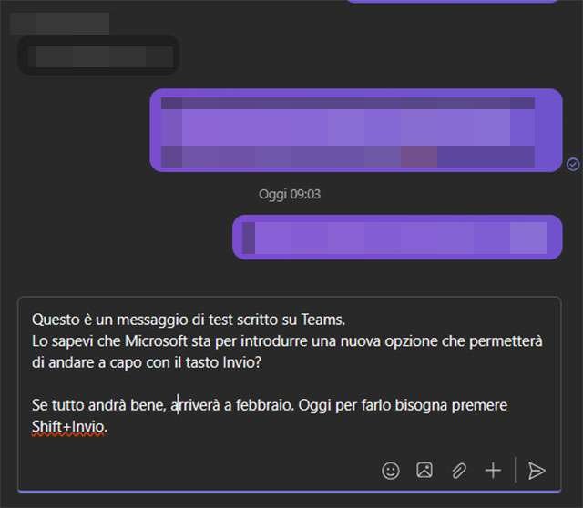 Il comportamento del tasto Invio nei messaggi su Teams