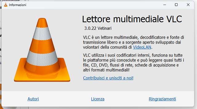 VLC 3.0.22 in esecuzione su Windows 11