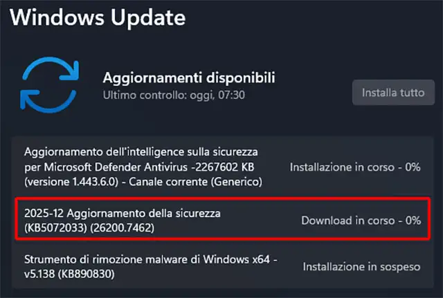 L'aggiornamento KB5072033 per Windows 11, nel Patch Tuesday di dicembre 2025