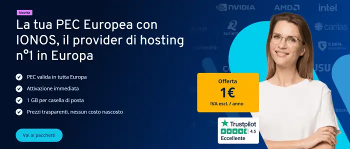PEC europea IONOS in sconto a 1€/anno con attivazione immediata