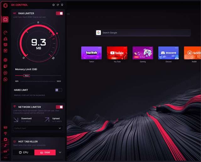 L'interfaccia del browser Opera GX