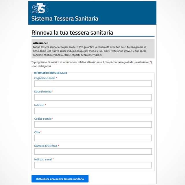 Il modulo da compilare sul falso sito della tessera sanitaria