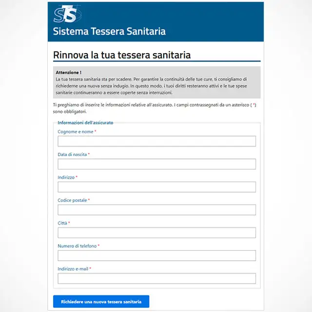 Il modulo da compilare sul falso sito della tessera sanitaria