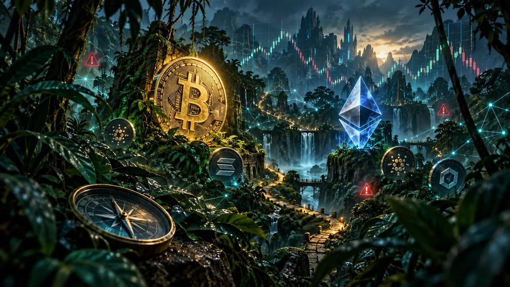 Mercato delle criptovalute rappresentato come una giungla digitale con Bitcoin, Ethereum e una bussola