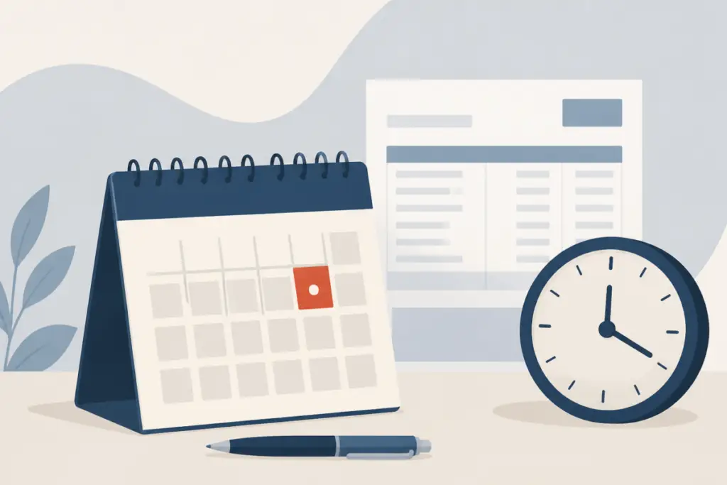 Illustrazione editoriale di un calendario con il 4 ottobre evidenziato e una busta paga stilizzata sullo sfondo, senza testo e senza effetti fotografici realistici