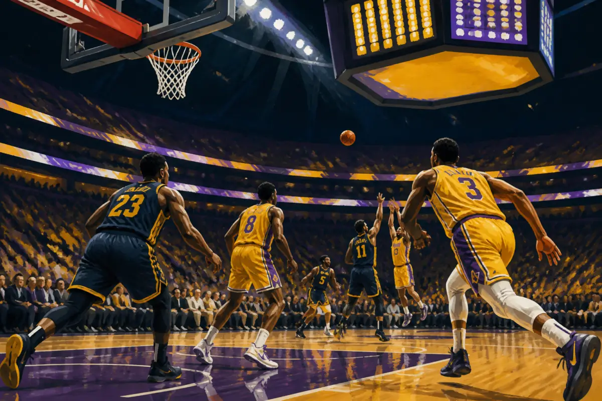 Illustrazione editoriale di una partita NBA con una squadra che recupera da un largo svantaggio nel finale, senza testo