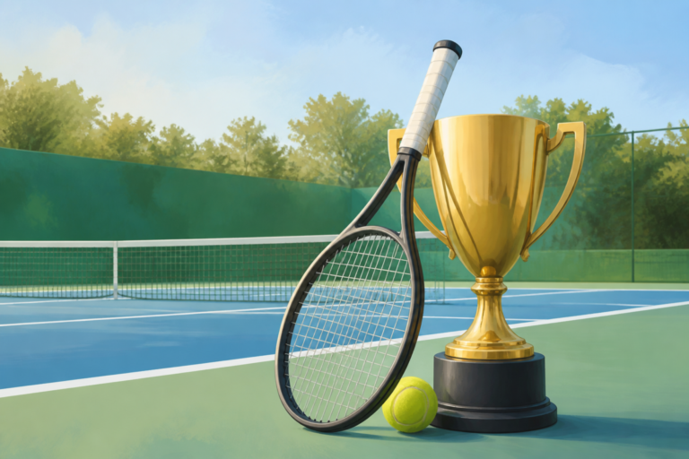 Illustrazione editoriale di un campo da tennis con una racchetta e un trofeo stilizzato, senza testo