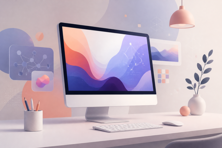 Illustrazione editoriale di un iMac moderno su scrivania minimal, con riferimenti visivi all’intelligenza artificiale e a un’interfaccia macOS astratta, senza testo.