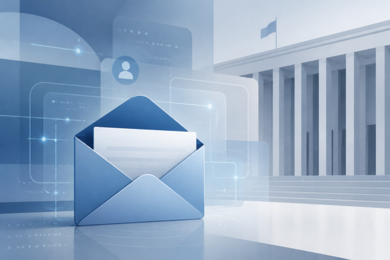 Illustrazione editoriale di una casella email istituzionale con simboli digitali e sfondo sobrio, senza testo