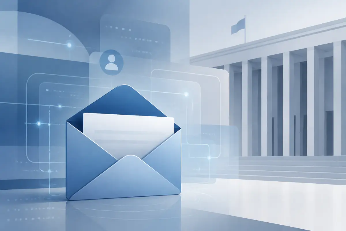 Illustrazione editoriale di una casella email istituzionale con simboli digitali e sfondo sobrio, senza testo