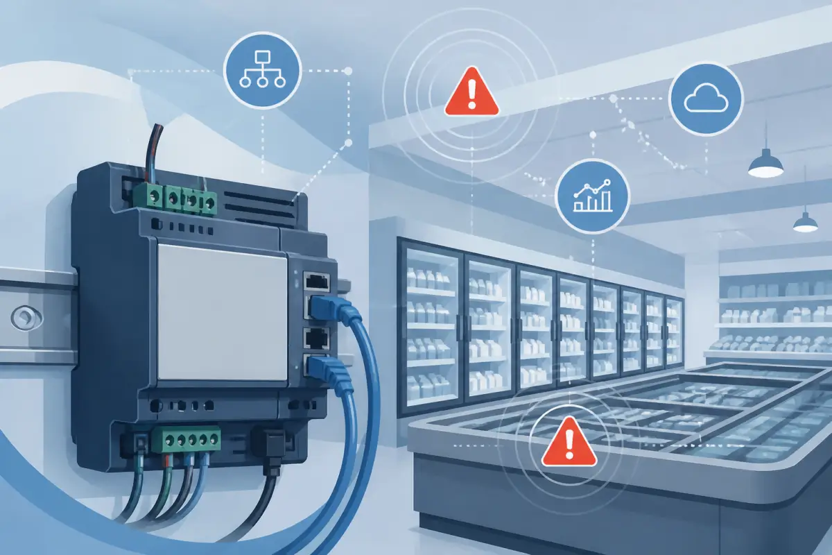 Illustrazione editoriale di un controller industriale per refrigerazione con rete digitale e simboli di allerta, senza elementi fotografici reali