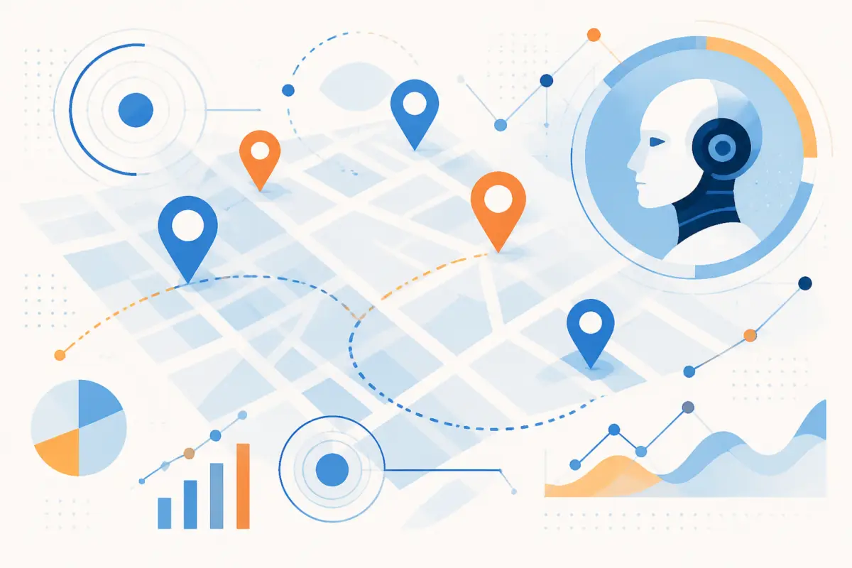 Illustrazione editoriale di un’interfaccia digitale con mappa, pin geografici e un modello linguistico rappresentato da elementi astratti, senza testo