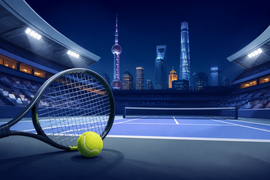Illustrazione editoriale di un campo da tennis a Shanghai con una racchetta in primo piano e luci da torneo internazionale, senza testo