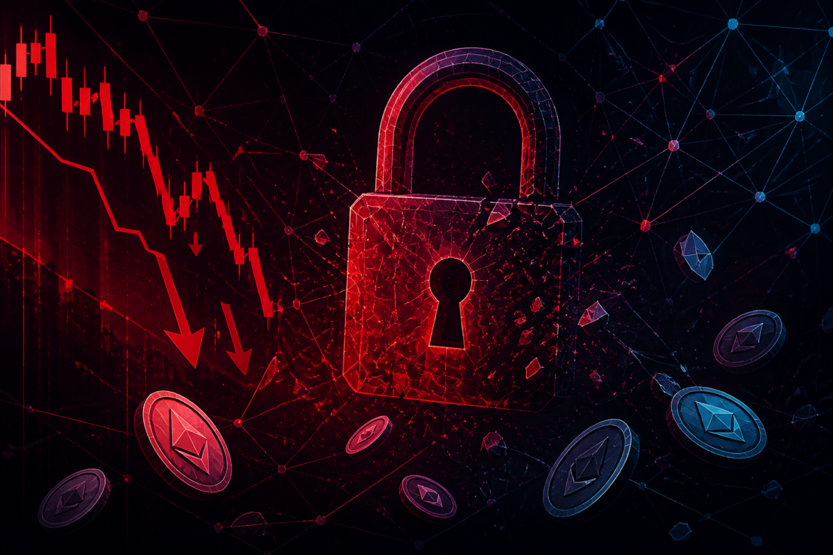 Illustrazione editoriale di un interfaccia crypto con lucchetto digitale e grafici in calo, senza elementi fotografici realistici