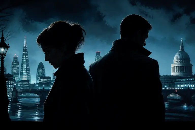 Illustrazione editoriale di una donna e un uomo in controluce davanti a Londra notturna, con atmosfere da thriller spionistico e toni scuri