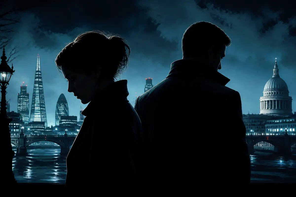 Illustrazione editoriale di una donna e un uomo in controluce davanti a Londra notturna, con atmosfere da thriller spionistico e toni scuri