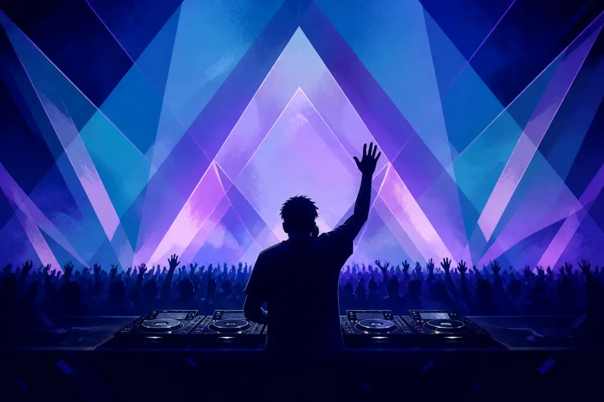 Illustrazione editoriale di un DJ in controluce davanti a un palco elettronico, con luci geometriche e atmosfera di chiusura di un tour