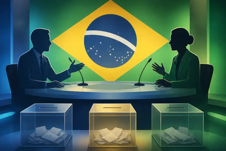 Illustrazione editoriale del voto brasiliano con urne, bandiera del Brasile e sagome di due candidati in un confronto televisivo stilizzato.